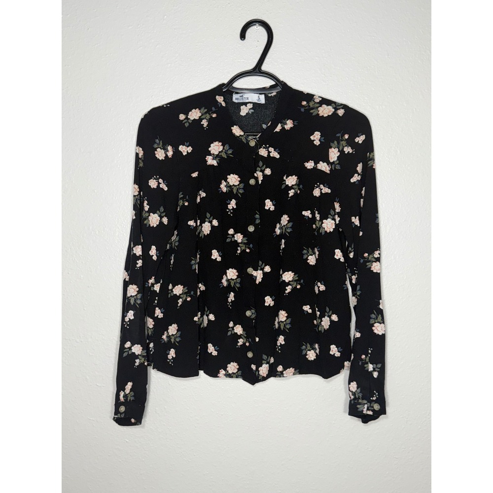 Hollister Womens Black Floral Button Down Blouse Long Sleeve Top Small